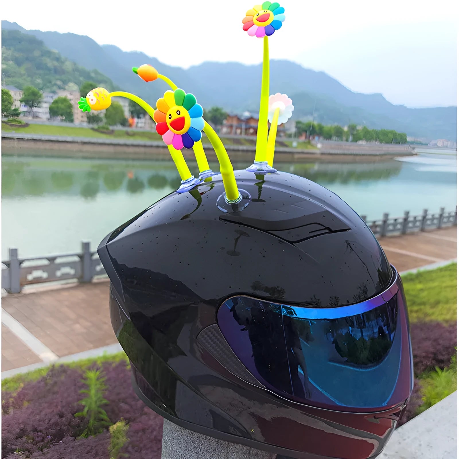 Silicone sunflower ornament with suction cup for attaching to a motorbike helmet
