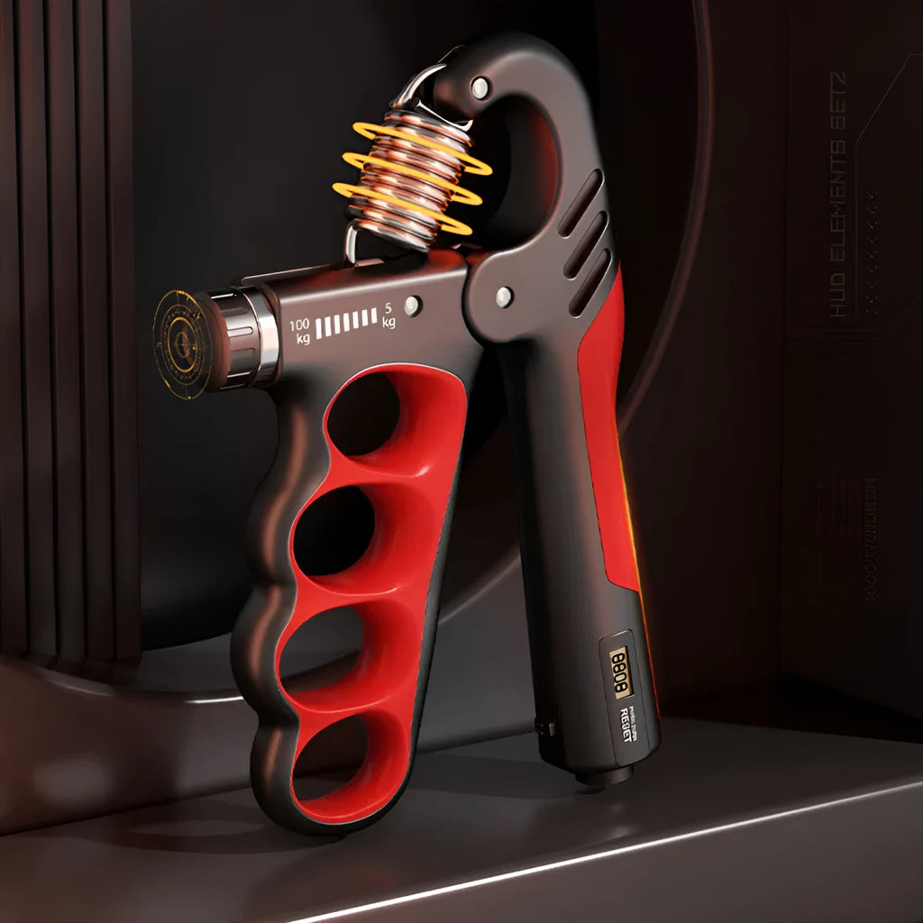 Adjustable electronic counter spring grip for hand strengthening in grey, orange, and red colour options.
