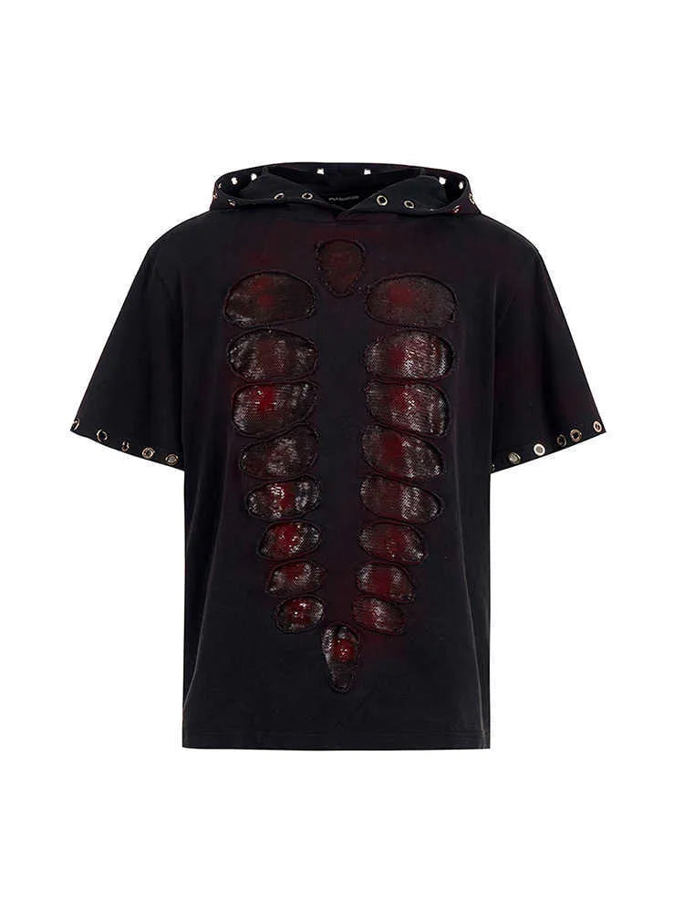 Black men's hooded T-shirt with sequin detailing and loose-fitting design