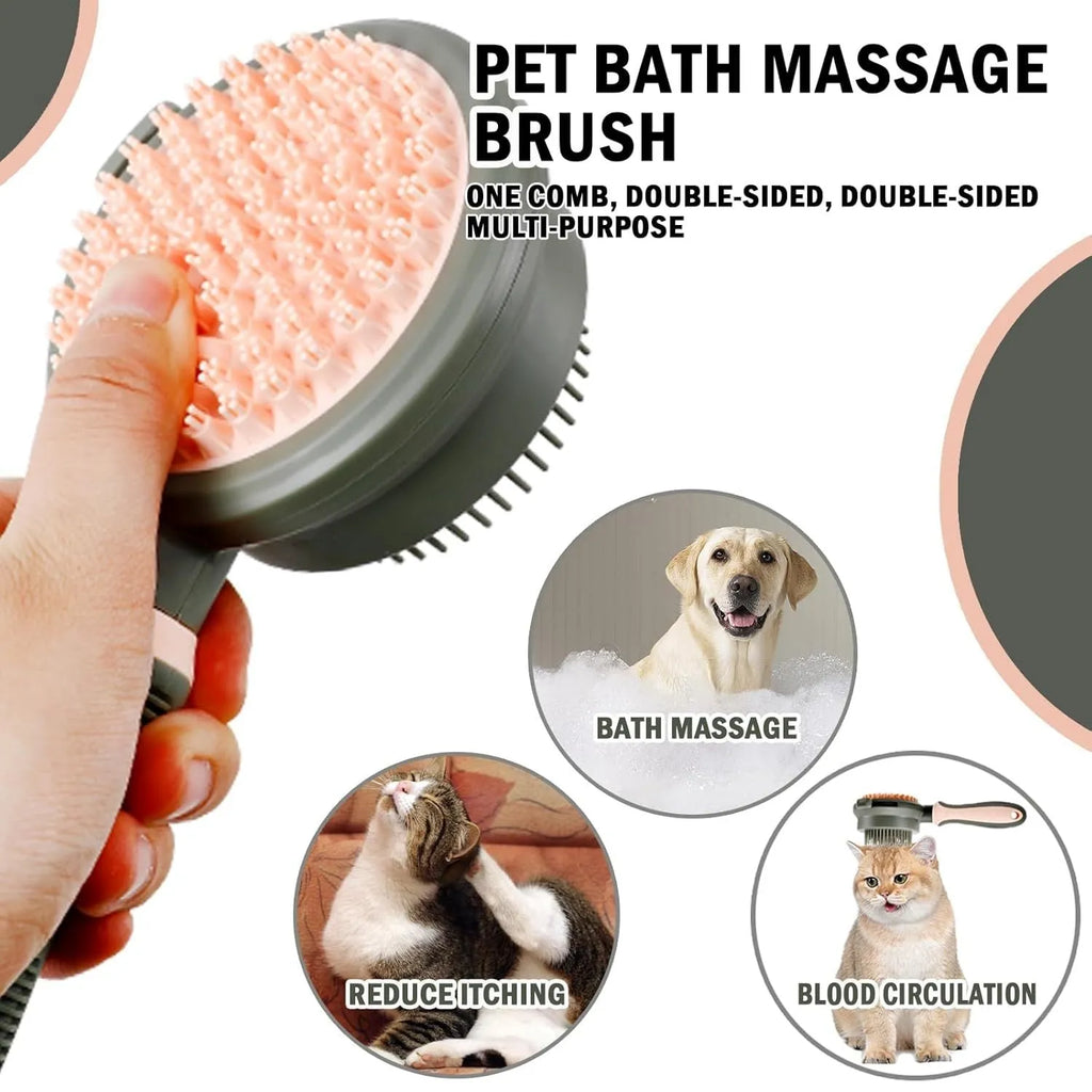 Double-sided cat grooming brush with slicker brush on one side and flea comb on other, showing release button mechanism
