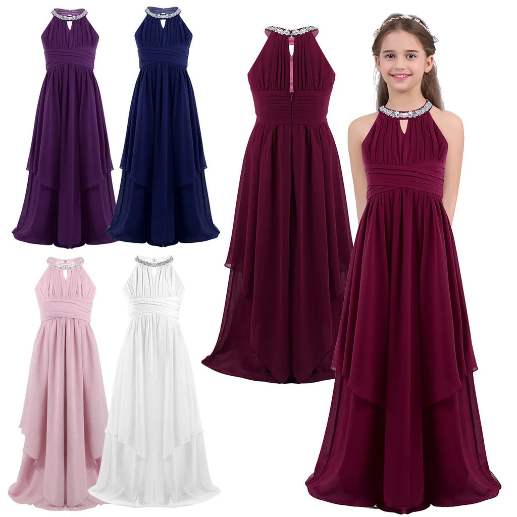 Girls princess dress in polyester, available in wine red, pink, white, purple and navy blue, height sizes 110cm to 160cm