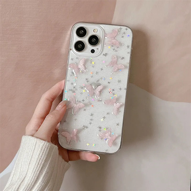 Bow iPhone 13 Pro Max TPU phone case with three-dimensional dream pink butterfly design transparent back cover