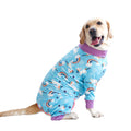 Cotton four-legged dog jumpsuit with colourful print design, shown on a small dog.