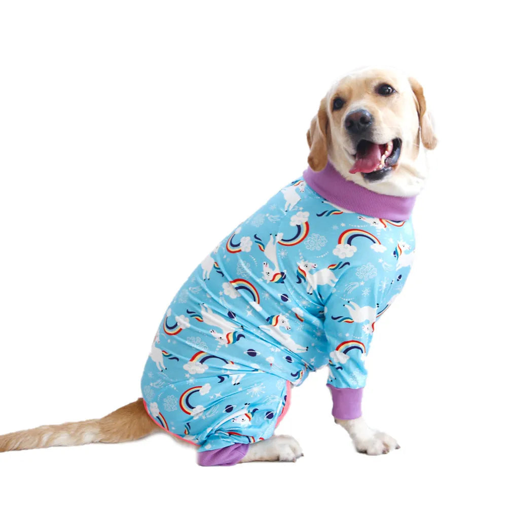 Cotton four-legged dog jumpsuit with colourful print design, shown on a small dog.
