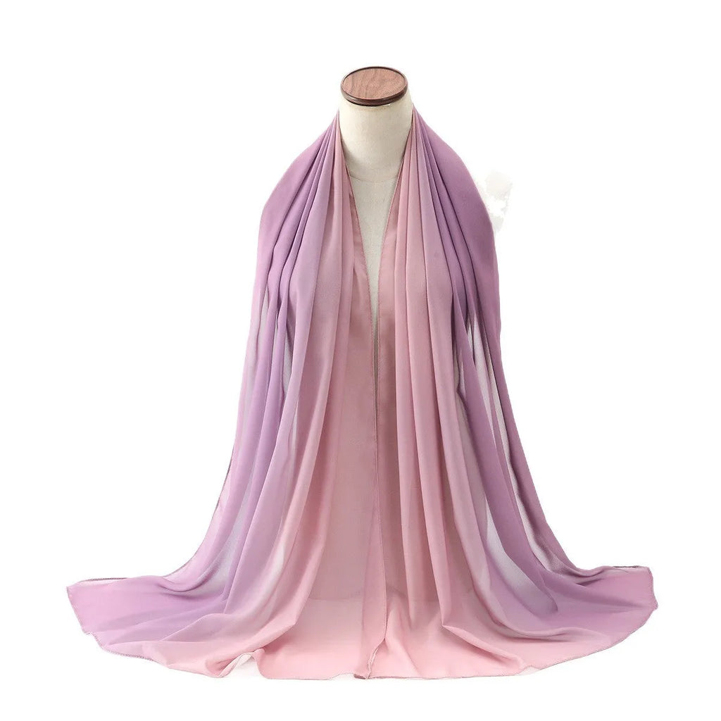 Women's lightweight chiffon scarf in ethnic Pu long style showing draped styling