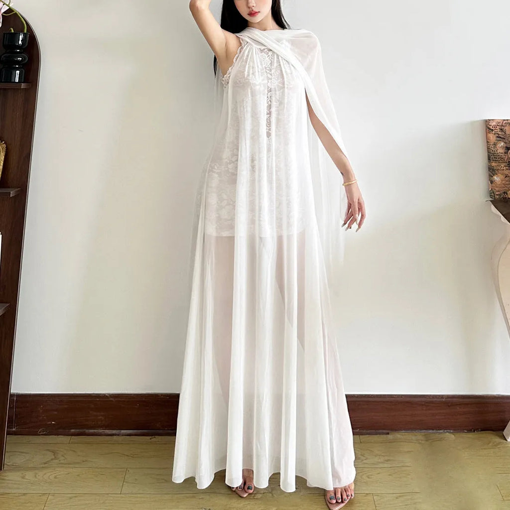 Women's halter lace stitching A-line long dress, white, high waist, street fashion, sizes S M L