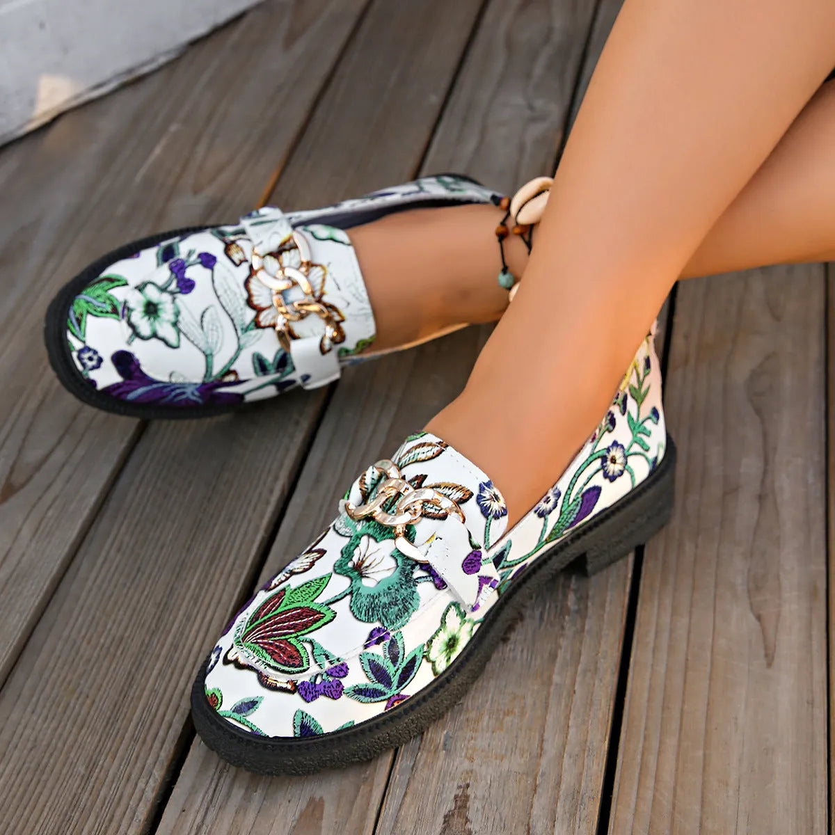 Plus size floral PU loafers with chunky mid heel, shallow mouth under 7cm, in Colour 01-3 or 01-5