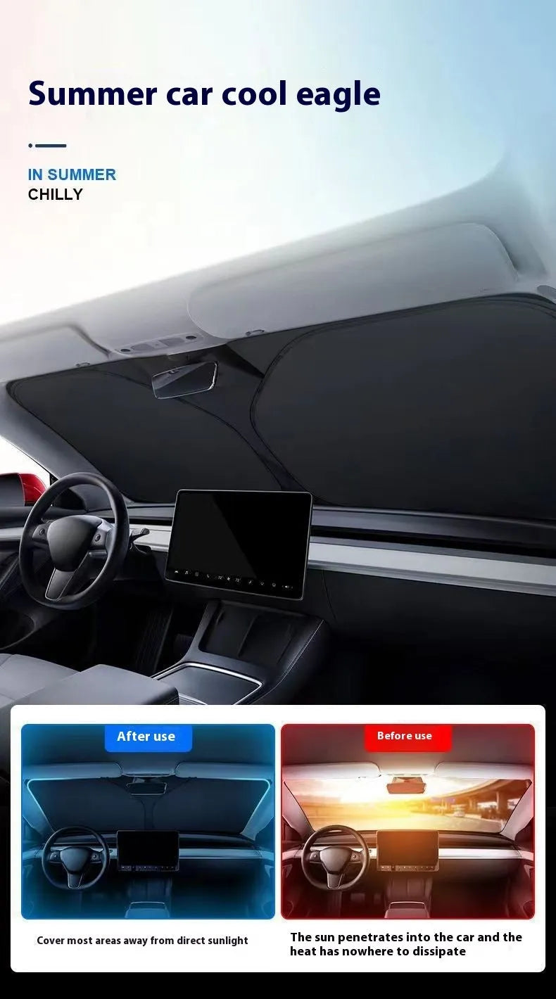 Titanium silver aluminium foil car sunshade folded, showing reflective surface and size options.