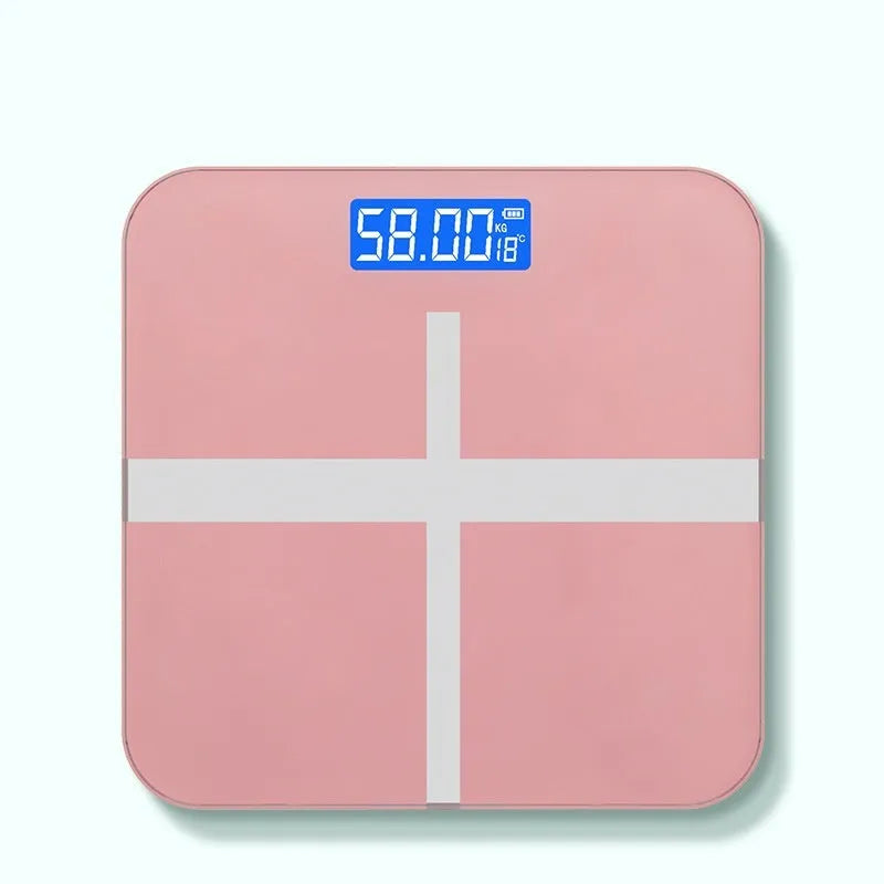 Digital bathroom weight scale with USB rechargeable feature in black, rose red, and white colour options.