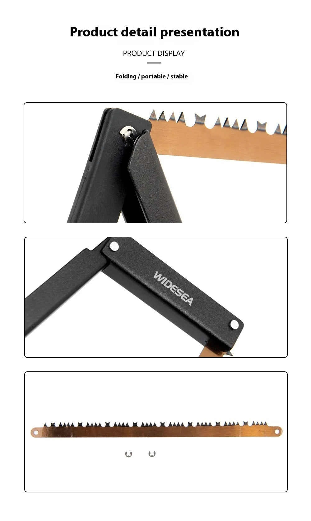 Black foldable outdoor saw with aluminium frame and nylon handle, blade folded for storage.