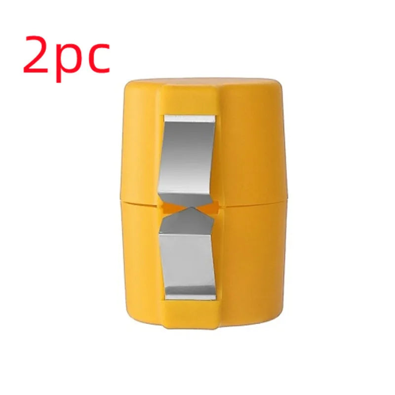 Egg shell opener and beater kitchen tool with stainless steel blades and coloured plastic handle