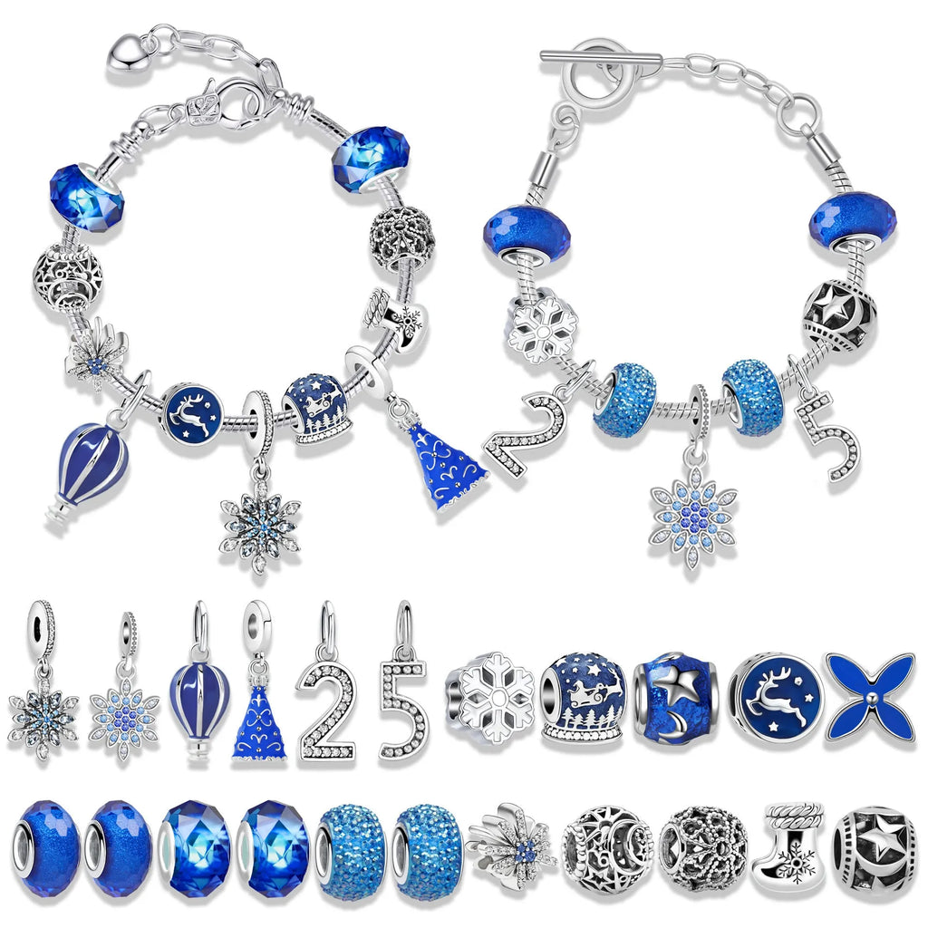 Zinc alloy 25 grid Christmas advent calendar with electroplated finish in blue, featuring a bracelet blind box