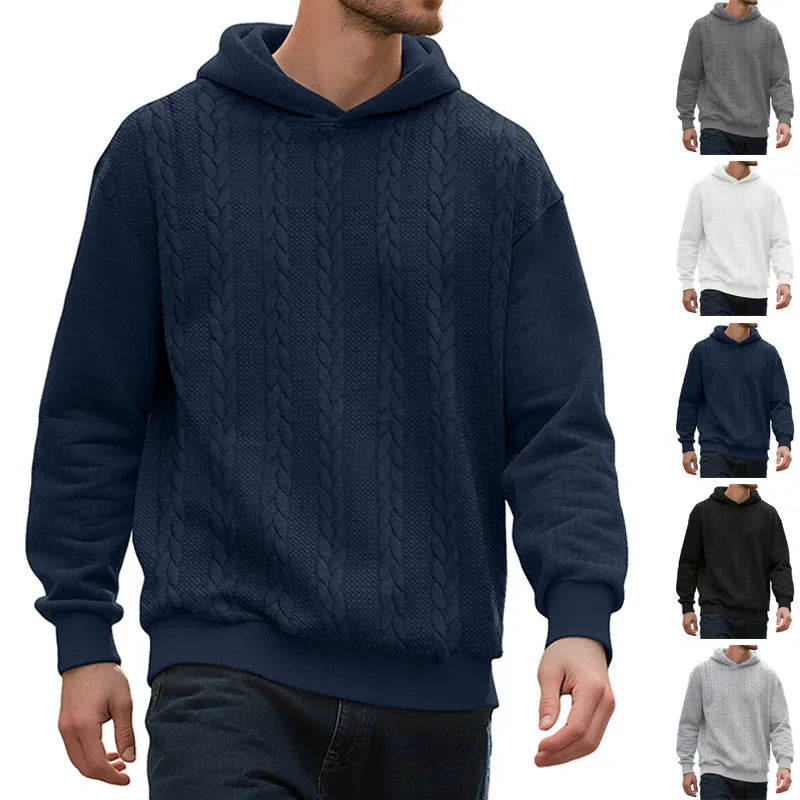 Men's casual thick jacquard hooded sweatshirt in dark gray, polyester winter loose fit top with long sleeves