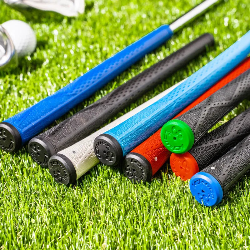 TPE material golf club grip in various colours including pink, red, blue, white, and black with coloured heads.