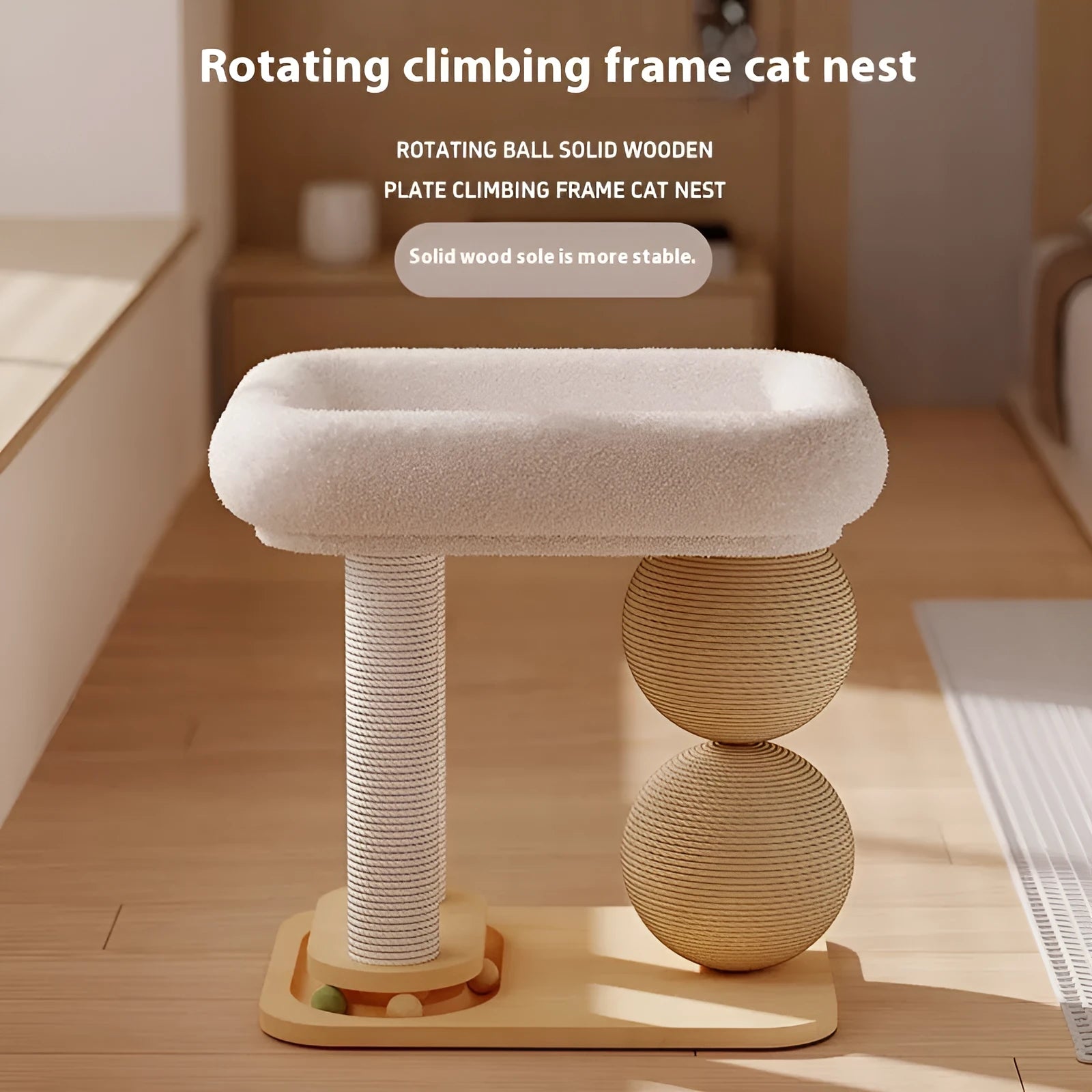 A wooden cat nest with two openings, showing a pine frame and textured sisal scratching surface panels on the side.