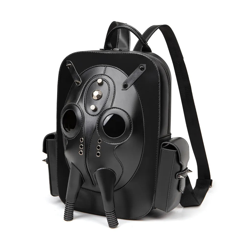 Black men's backpack with skull motif and silver studs on a structured PU body.