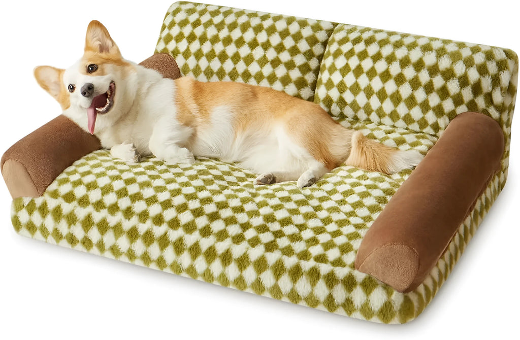 Grey checkered pet sofa bed for cats and small dogs with a washable cover on a wooden floor.