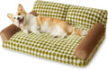 Grey checkered pet sofa bed for cats and small dogs with a washable cover on a wooden floor.