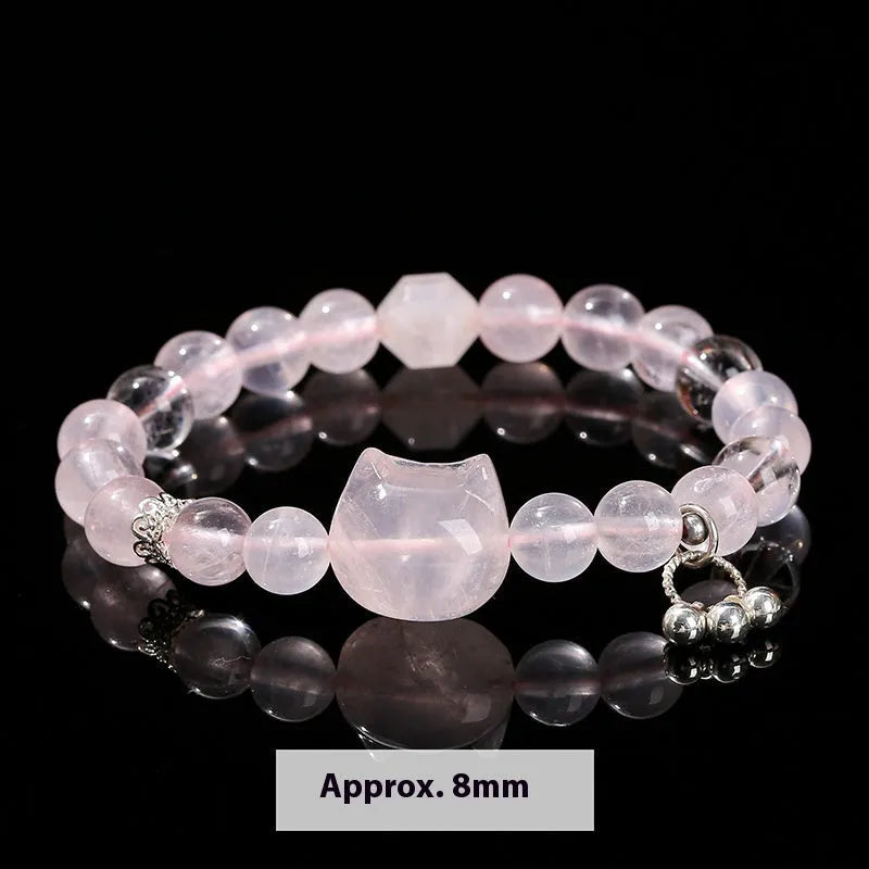 Natural star light pink crystal cat head bracelet with copper setting on adjustable band