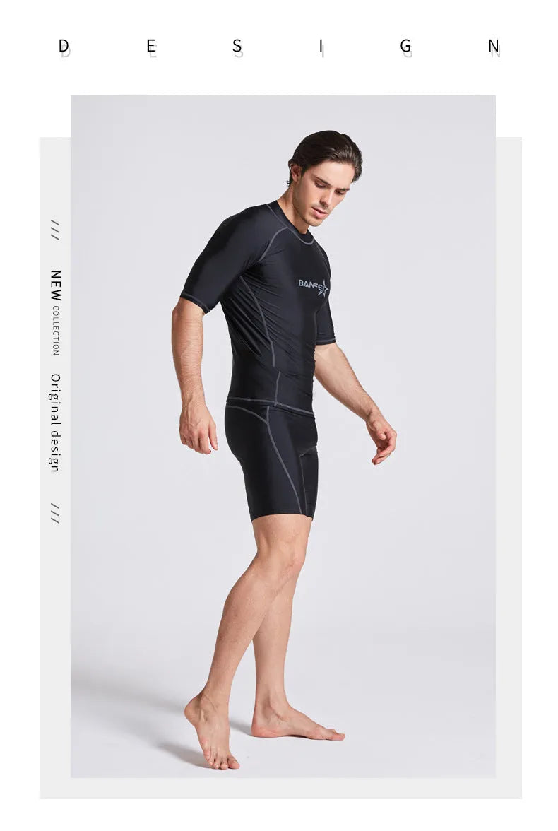 Men's quick-drying half sleeve nylon wetsuit top and pants for snorkelling and surfing