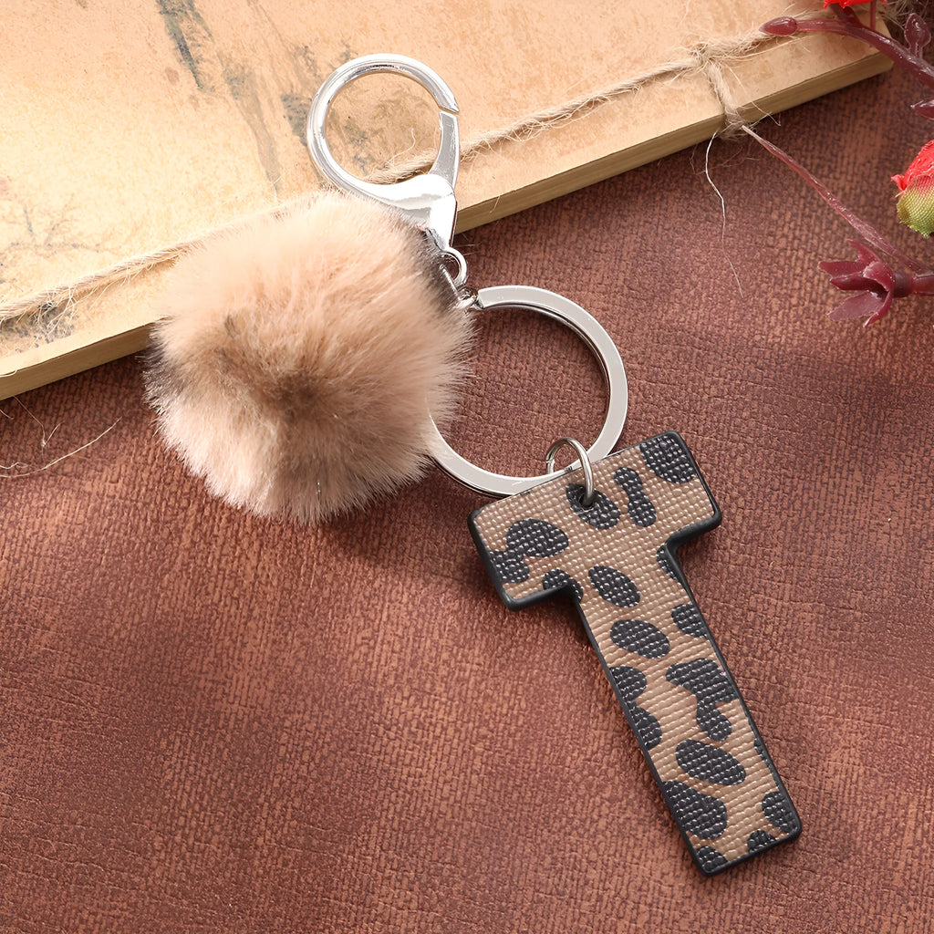 Retro leopard-print oil-edged letter acrylic keychain on artificial leather strap with metal keyring