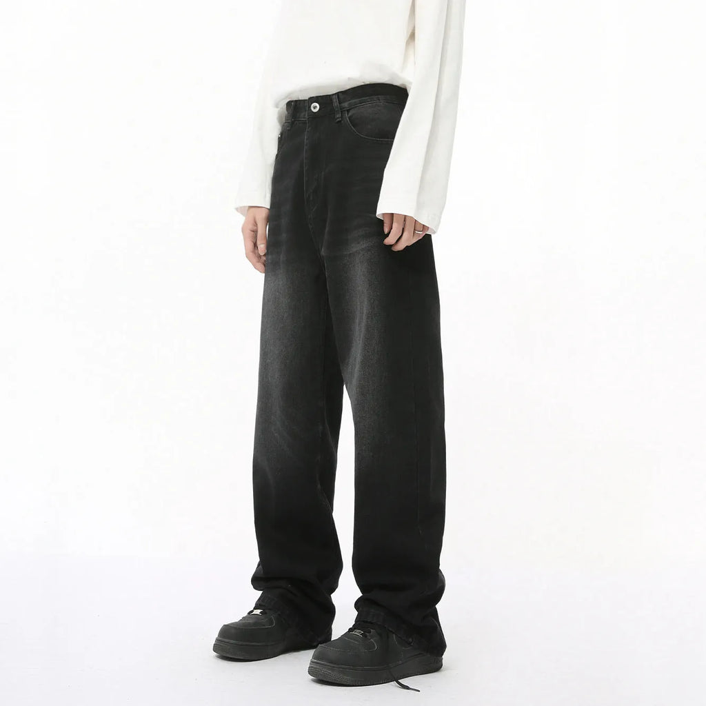 Men's loose straight washed cotton jeans in black gray, front view