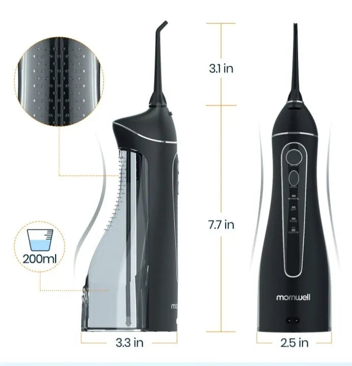 Black portable oral irrigator with water reservoir and nozzle for adult dental cleaning