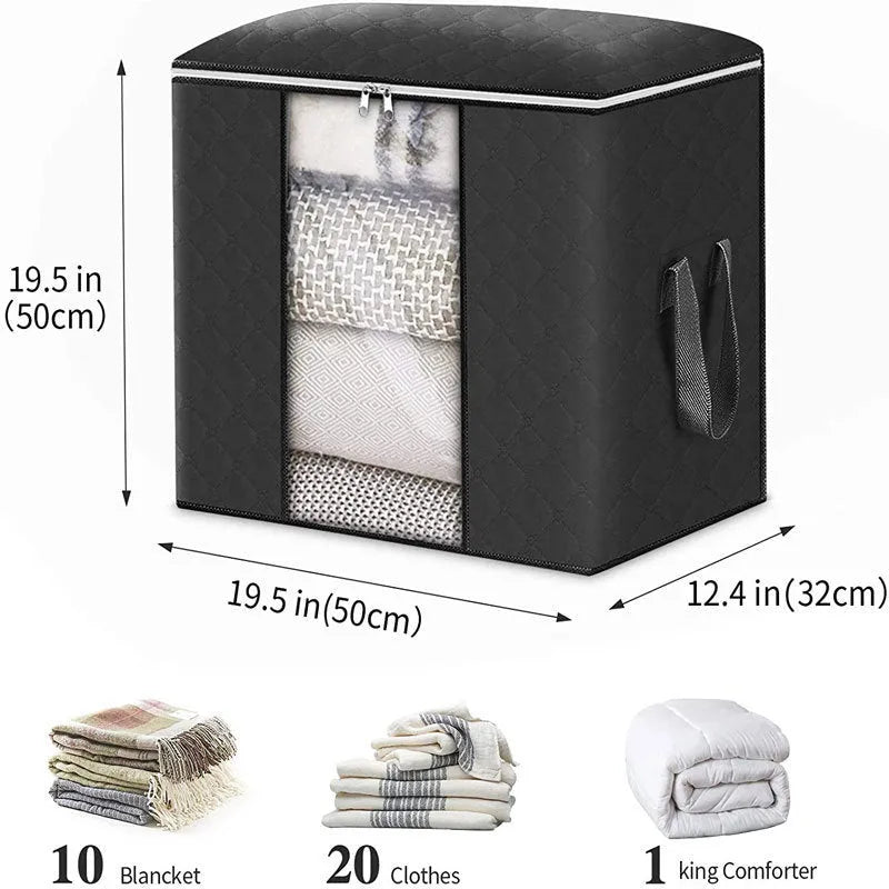 Beige non-woven storage bag with handbag shape for organising quilts and clothes in a wardrobe.