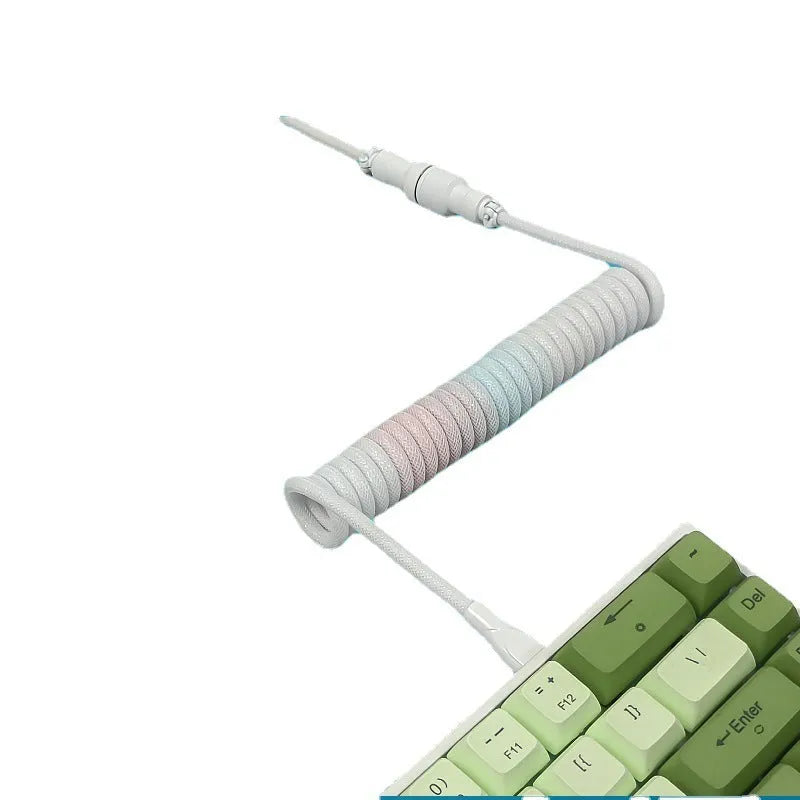 Handmade spiral stretch USB keyboard data cable 150cm with metal spring interface in pink blue colour