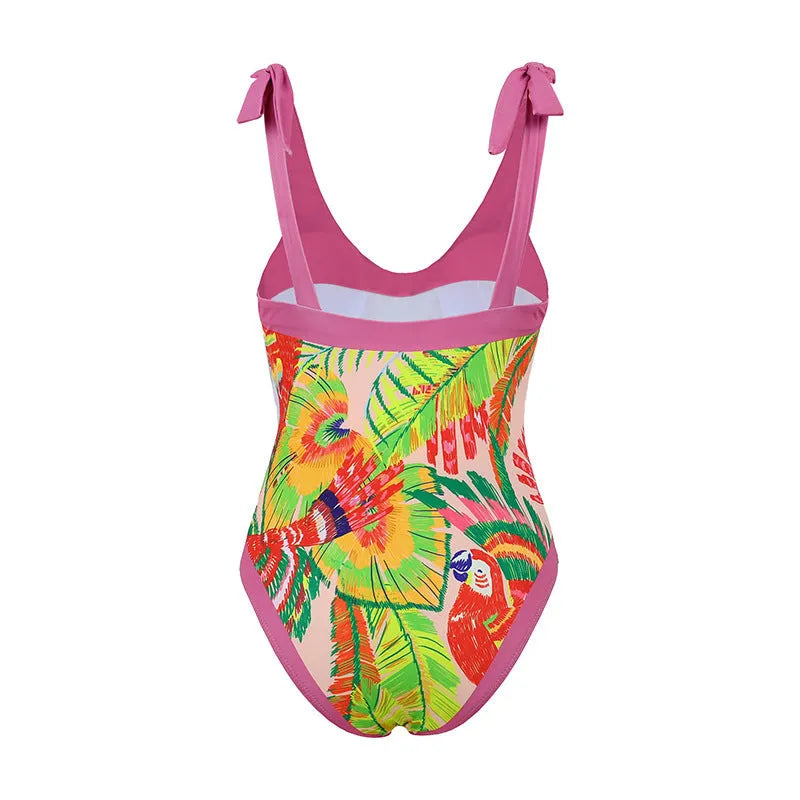 Pink floral print retro one-piece swimsuit with V-neck, covered belly, and thin skirt swim dress design
