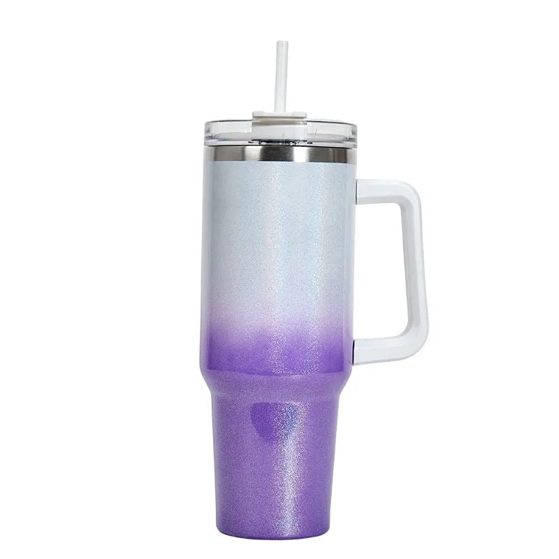Stainless steel vacuum insulation cup in rainbow gradient colours showing double-layer construction