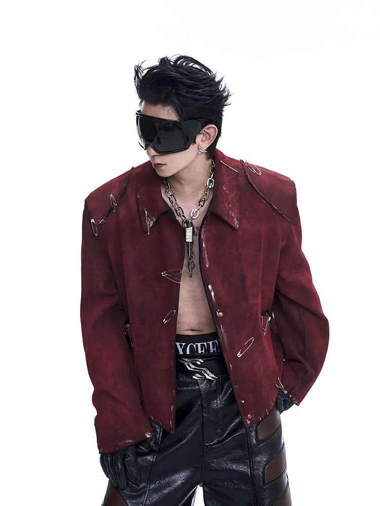 Red men's loose-fit quilted jacket with lapel collar and decorative pin flocking detail.