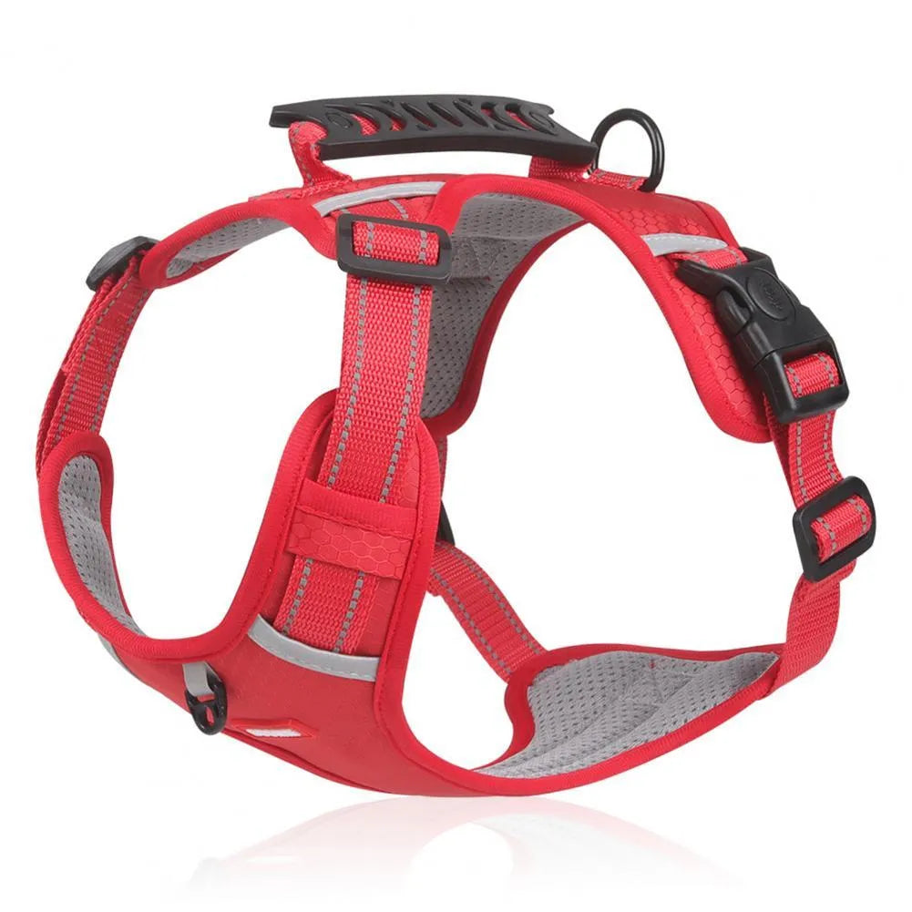 Orange adjustable nylon dog harness vest with reflective strips and breathable mesh panelling.