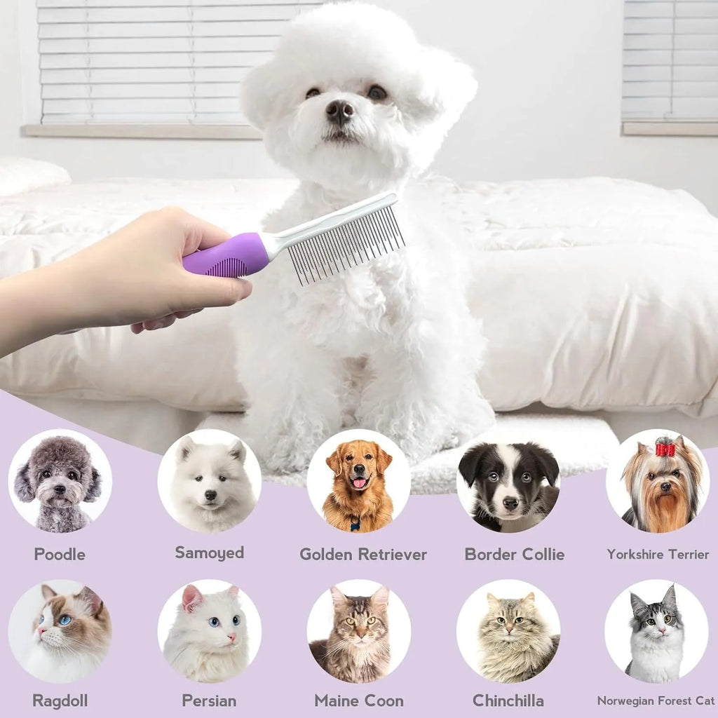 Purple pet detangling comb with stainless steel long and short teeth for dogs and cats