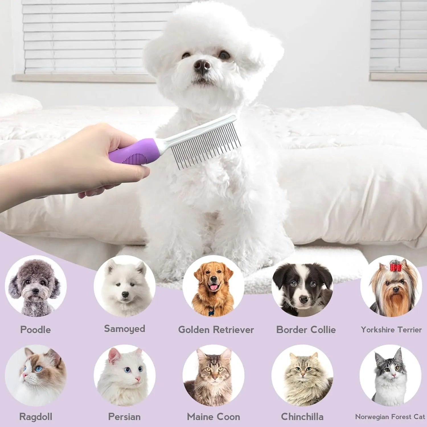 Purple pet detangling comb with stainless steel long and short teeth for dogs and cats