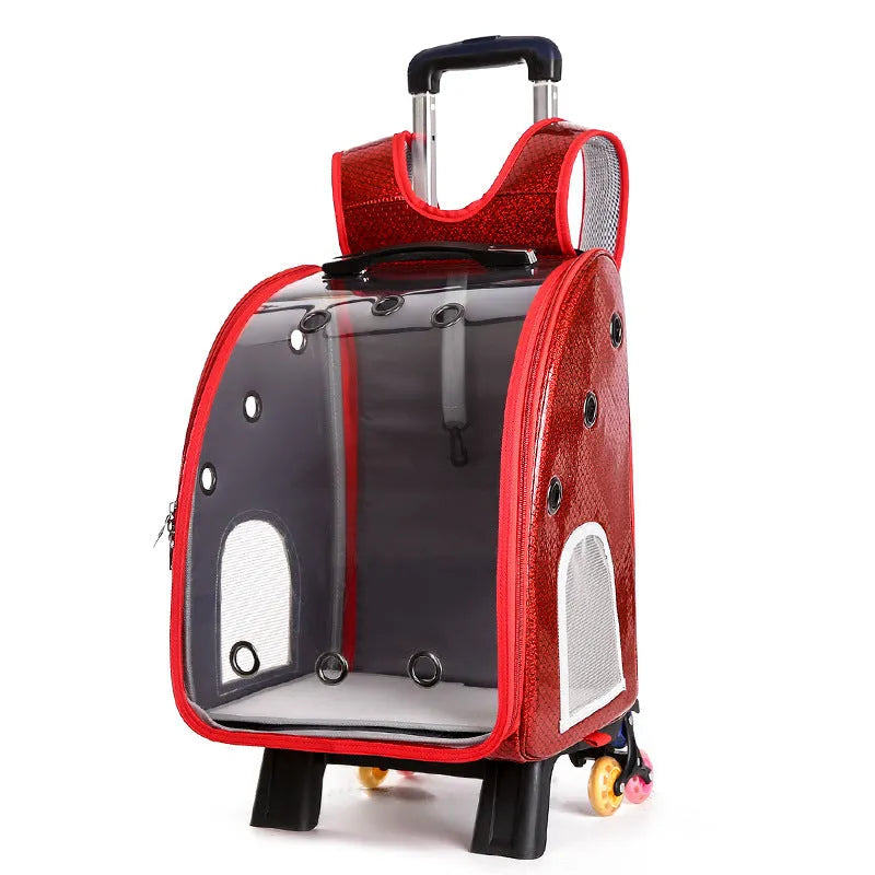 Blue transparent folding pet trolley bag with shoulder straps and a clear acrylic pet compartment.
