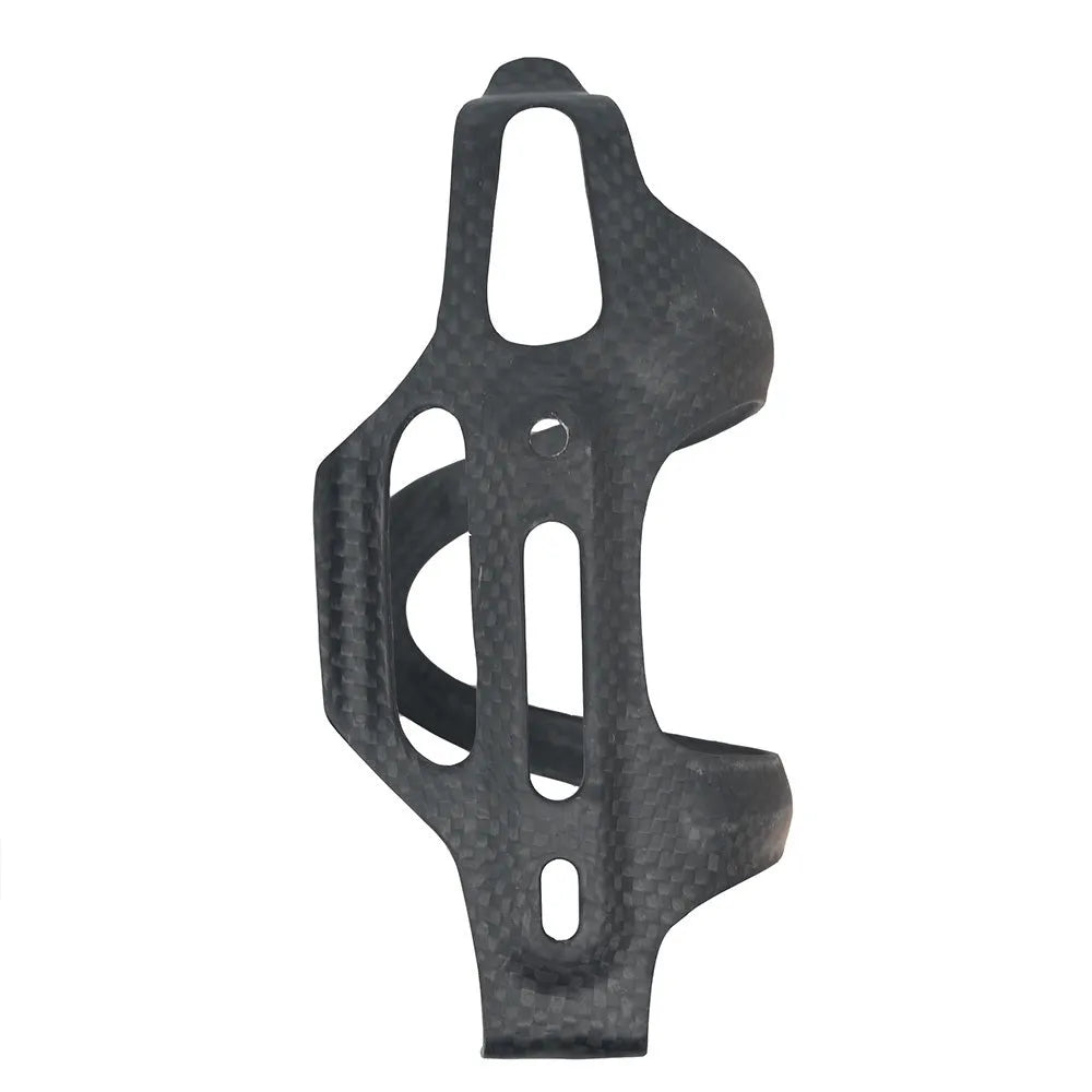 Black all-carbon fibre bicycle water bottle holder with side-pull quick release lever.