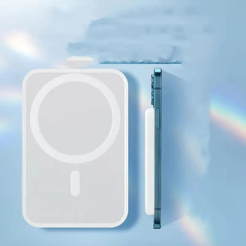 Compact magnetic wireless power bank with 5000mAh capacity in white PVC housing