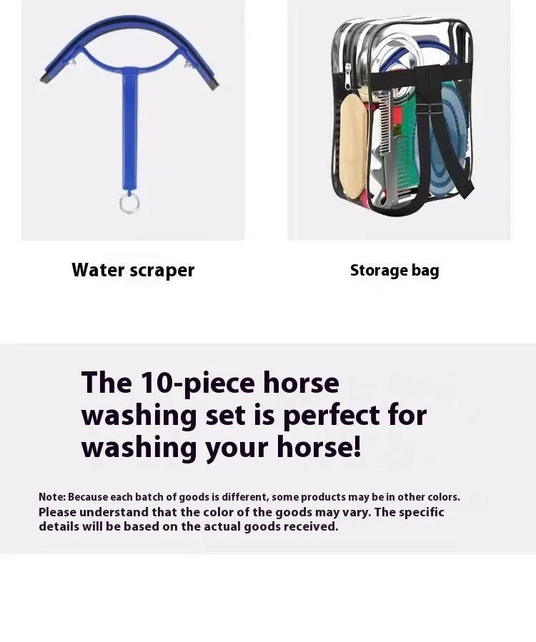 Complete 10-piece horse grooming brush set with storage bag showing brushes, combs and specialised tools