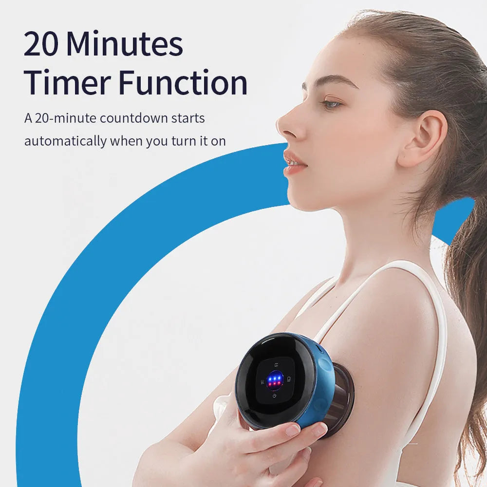 Smart electric vacuum cupping massage device with LCD display and control buttons on a black and blue body.