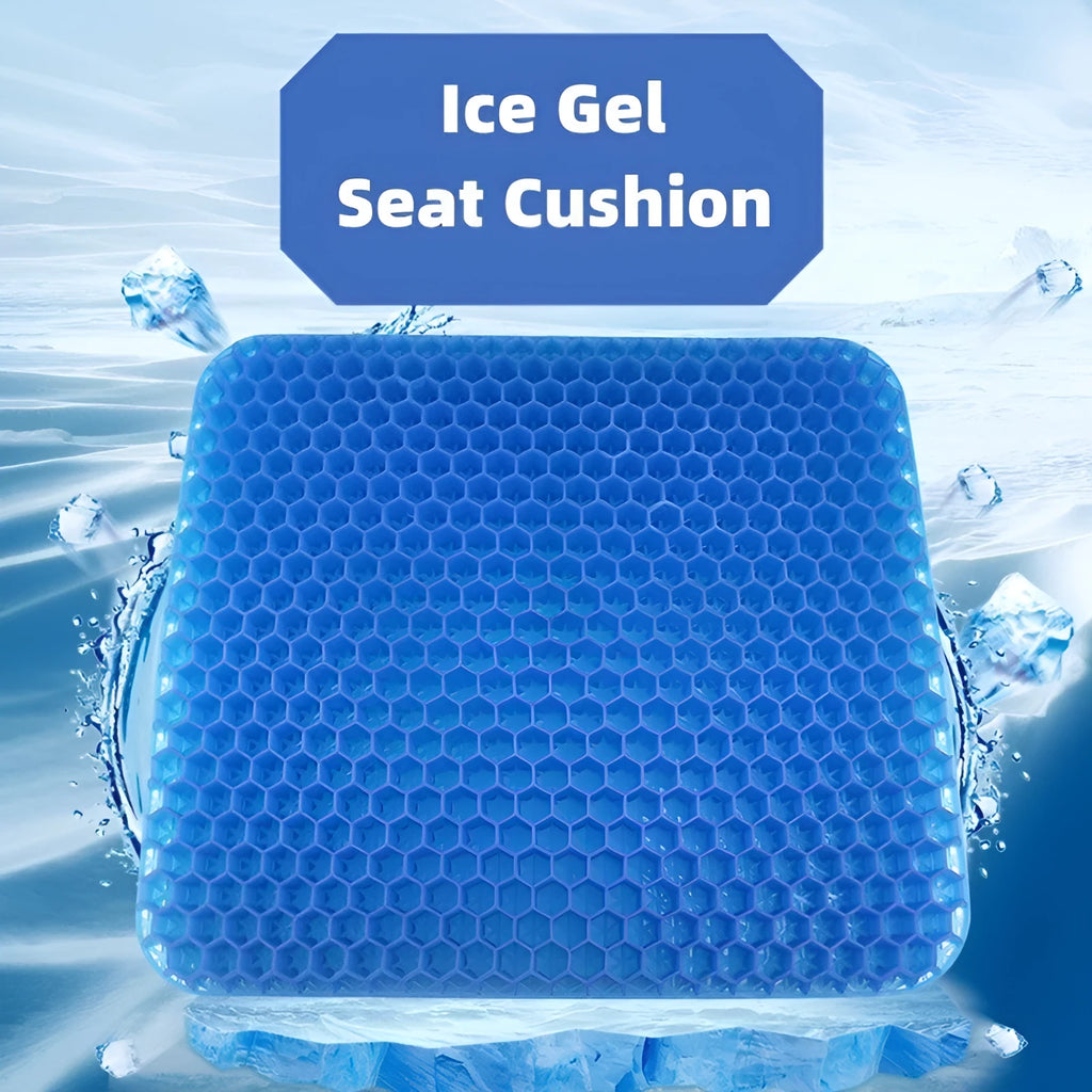 Gel seat cushion with honeycomb pattern showing removable PVC cover and measuring 24.5x17.5x3 cm