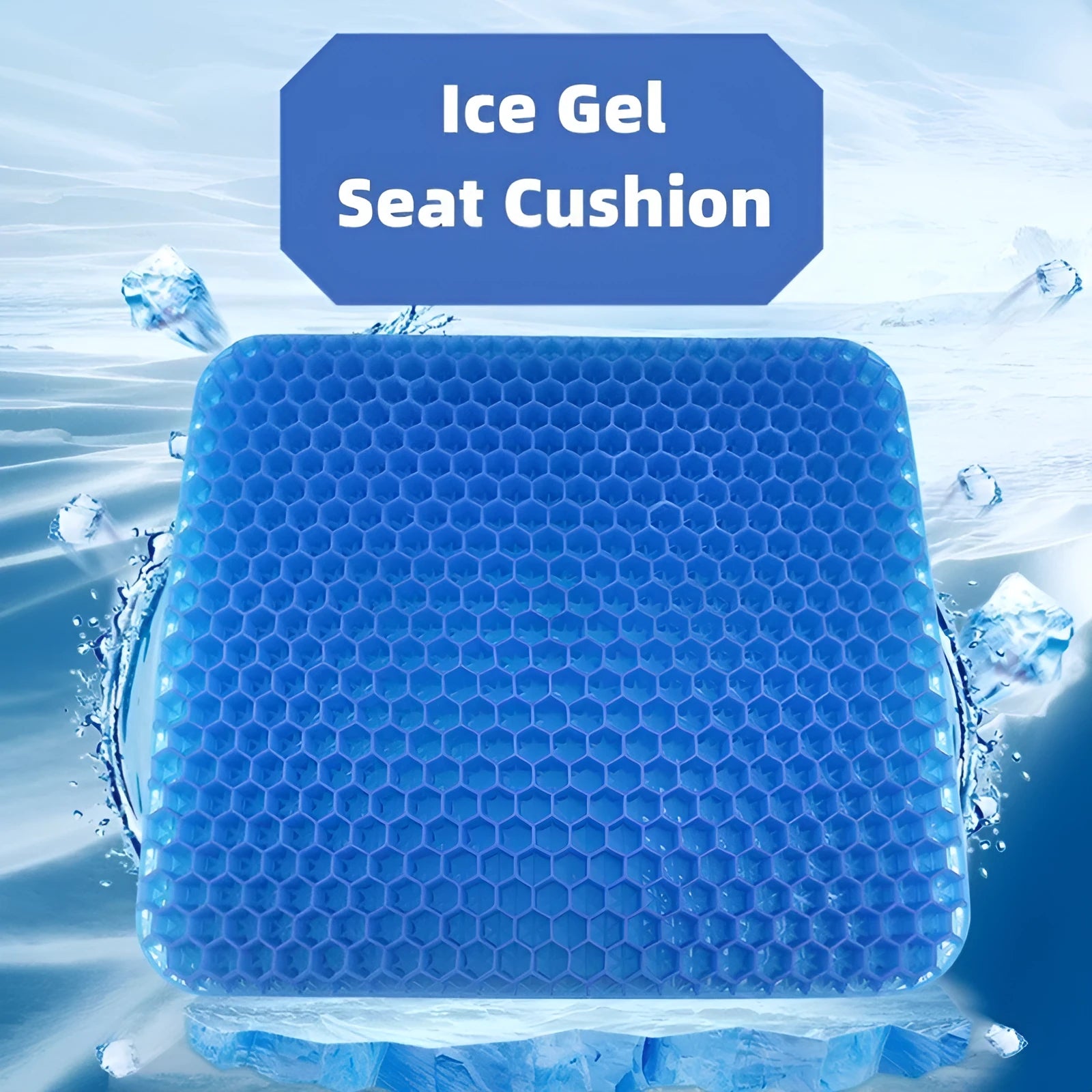Gel seat cushion with honeycomb pattern showing removable PVC cover and measuring 24.5x17.5x3 cm