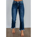 Women's casual denim trousers with manual distressing in dark blue or light blue.