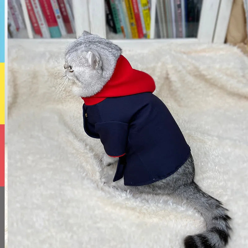 Soft jersey hoodie for a cat or dog in Tiger Staff Yuren pattern, sized S or M, worn as a costume.