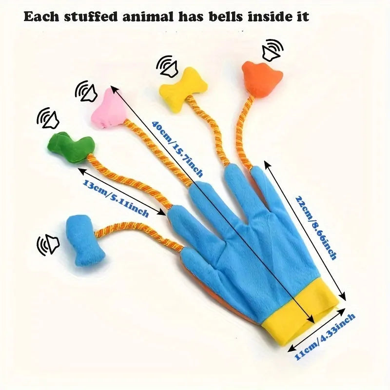 Yellow and blue plush magic glove trailer cat toy with integrated bell inside for interactive pet play