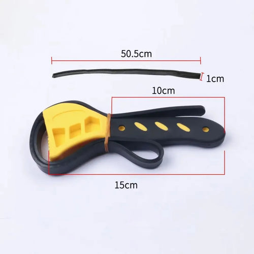6-inch and 8-inch black adjustable rubber strap wrench for filter removal and plumbing on a workbench.