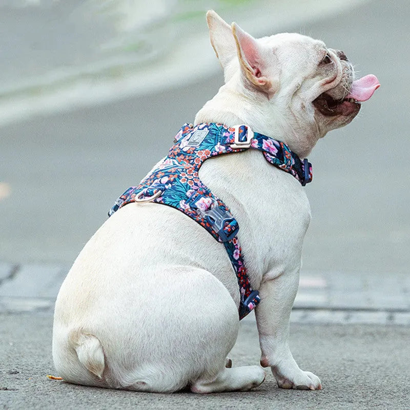Pure cotton pet chest strap harness with floral pattern in blue, green, or red colours