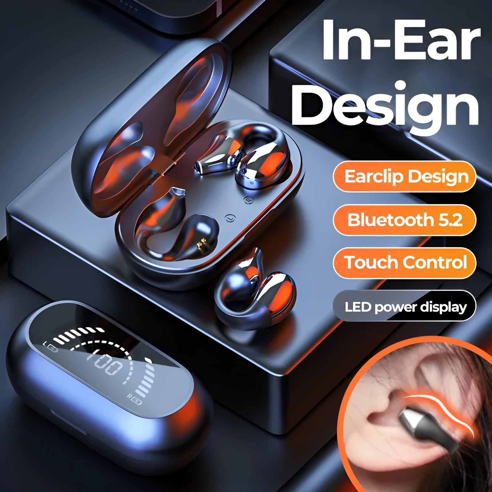 Ear clip bone conduction headphone Bluetooth 5.2 with 15mm speaker and 36h battery in black