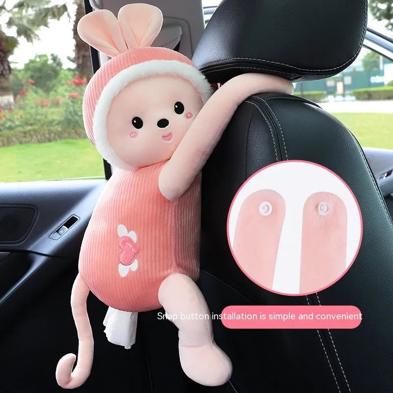 Plush car seat back-mounted tissue box holder with elastic strap in animal design