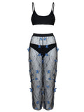 Black women's bikini three-piece set with butterfly print on transparent voile fabric